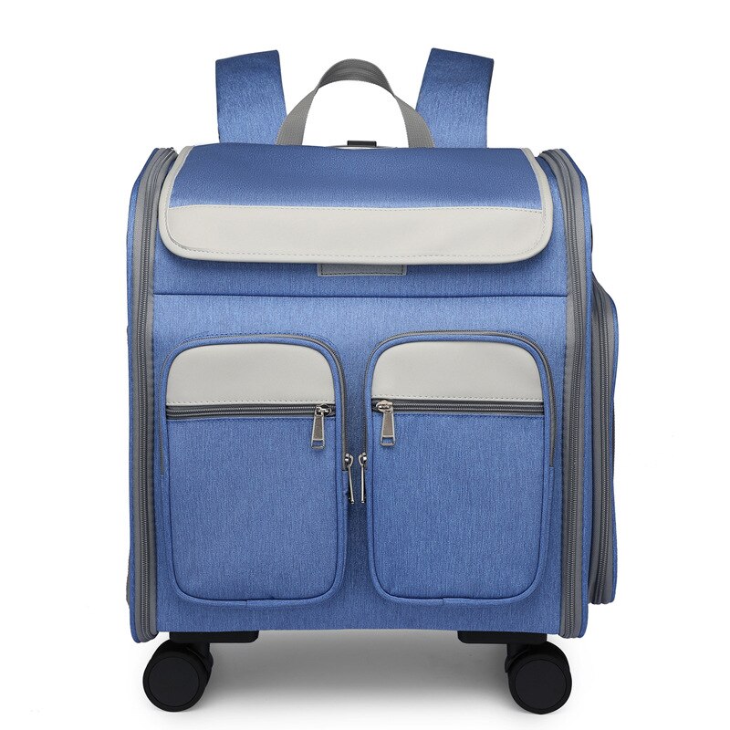 Carrier for Cat Small Dog Stroller Backpack Pet Transport Bag Trolley Cage Animal Transporter Travel House Suitcase with Window: Blue Trolley
