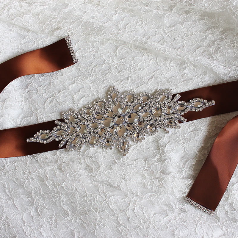 Bridal Crystal Wedding Accessories Satin Dress Belt Ribbon Waistband Sash for Evening Prom Dresses: Auburn