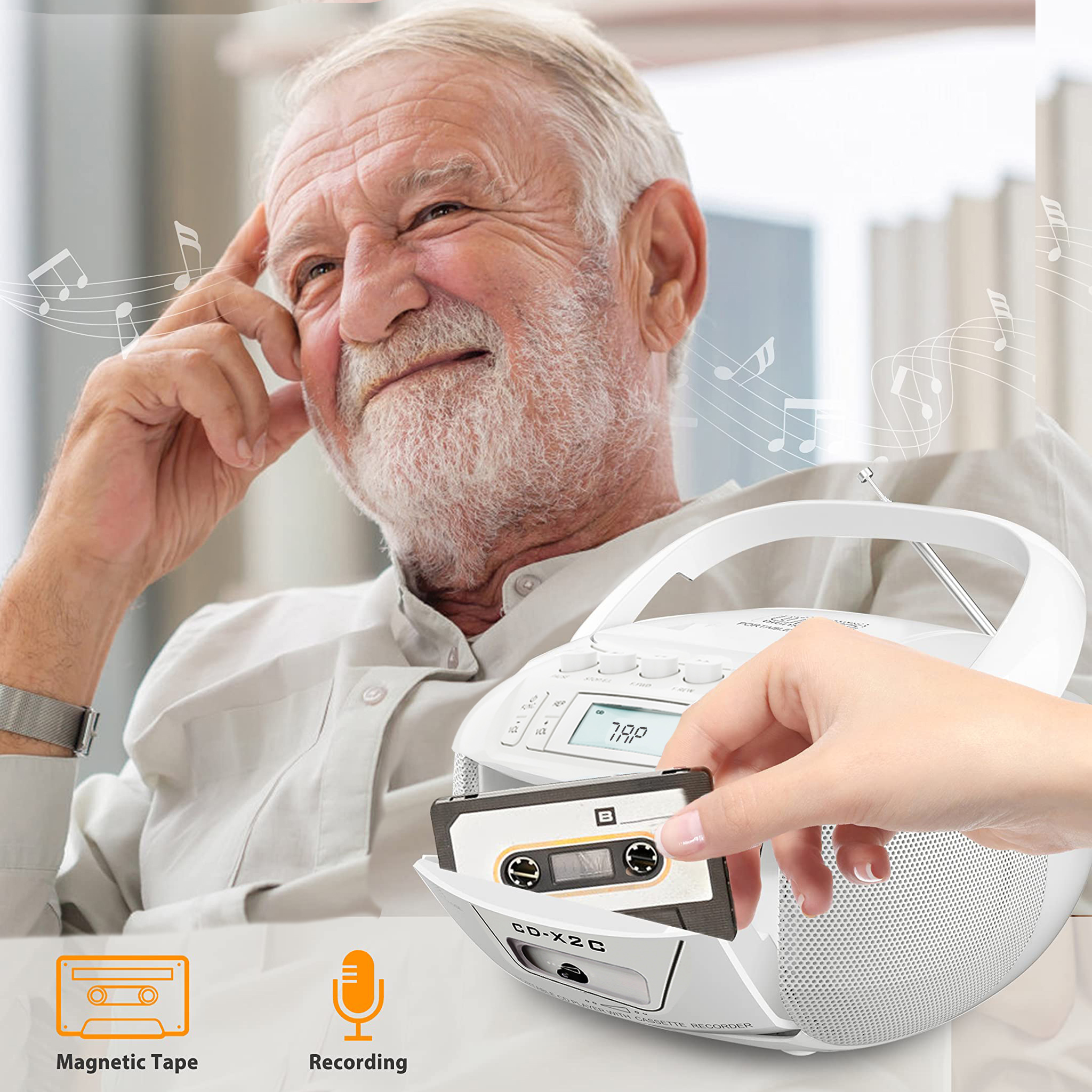 Combo boombox de casete de CD con radios Bluetooth y AM FM, grabadora de cinta de CD portátil con USB, alimentación CC CA