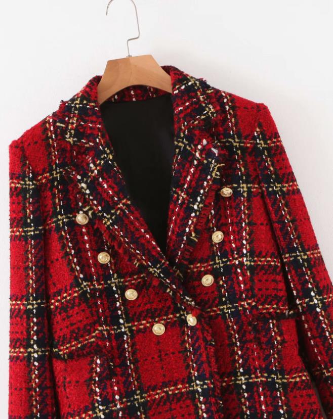 dame tweed rutete skjørt kommode dobbel brystet hakk krage kontor dame tweed blazere + en linje mini skjørt sett kvinne