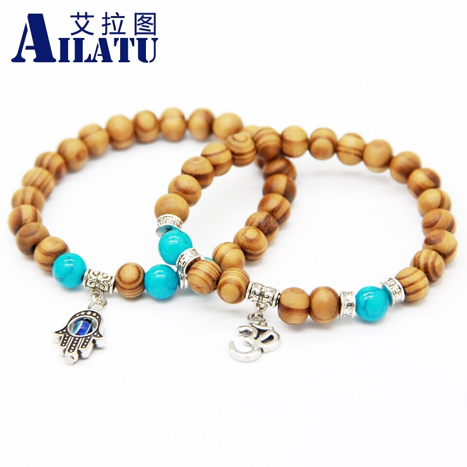 Ailatu 8mm Wood Beads Fatima Hand Hamsa Bracelets, OM Yoga Jewelry