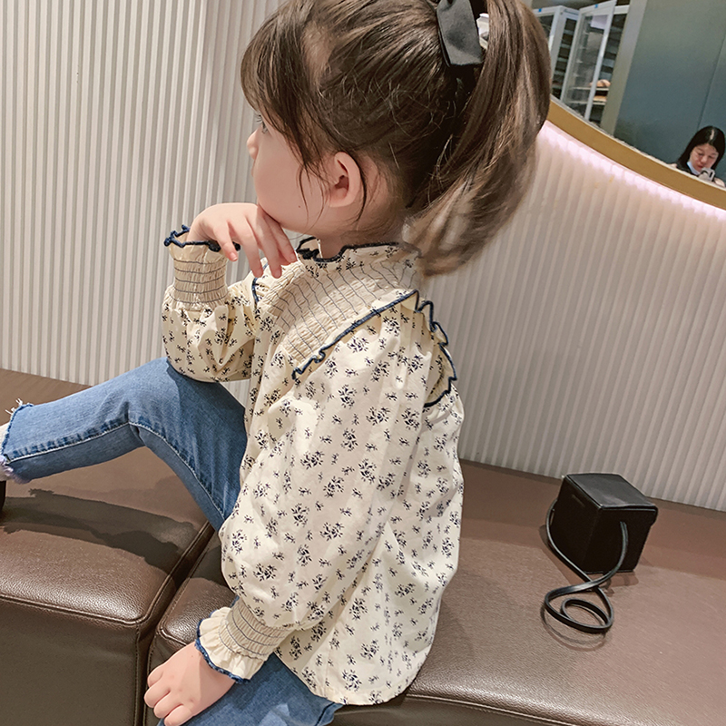 Ropa de manga larga para niñas pequeñas, Blusa de flores de primavera, camisas florales fruncidas, Top de estilo coreano
