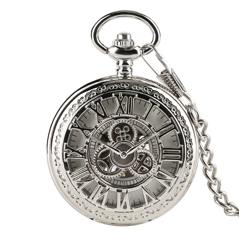 Fob Mechanische Hand Wind Pocket Horloges Met Ketting Ketting Hollow Crown Pointers Romeinse Cijfers Zilveren Horloge Elegante Klok