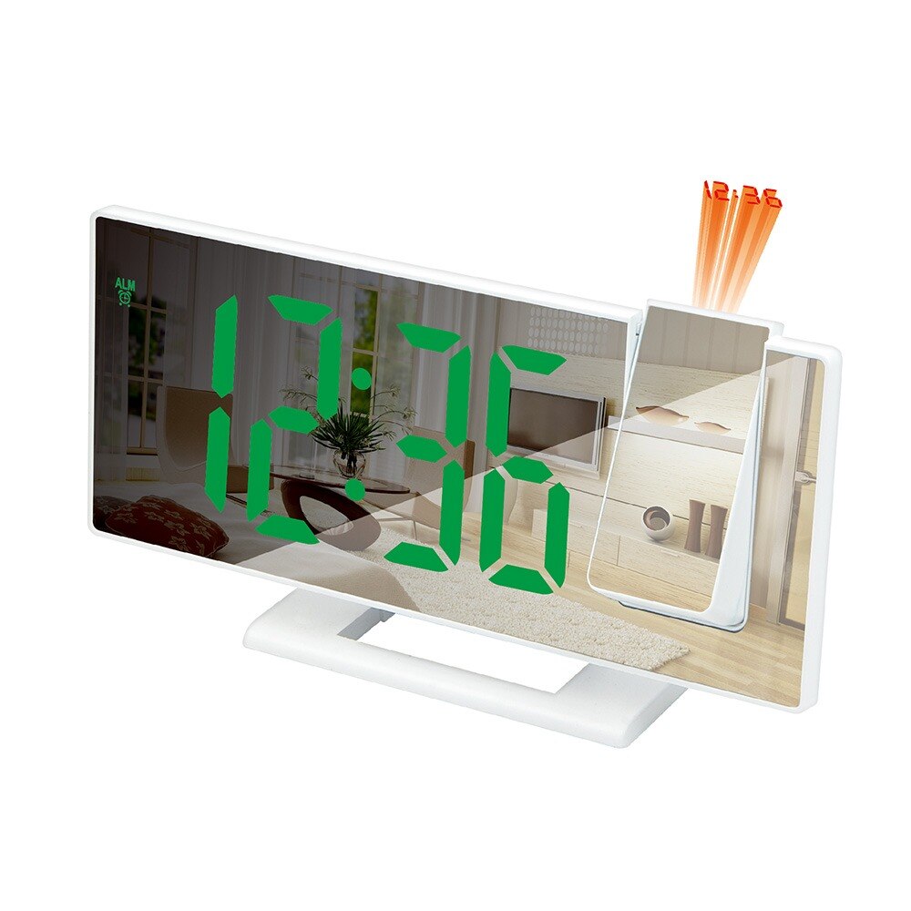 Reloj Digital de despertador con efecto espejo y luz LED para mesilla de noche y dormitorio, Despertador con USB, Radio FM, proyector de tiempo, reloj para mesilla de noche y dormitorio: B-white green