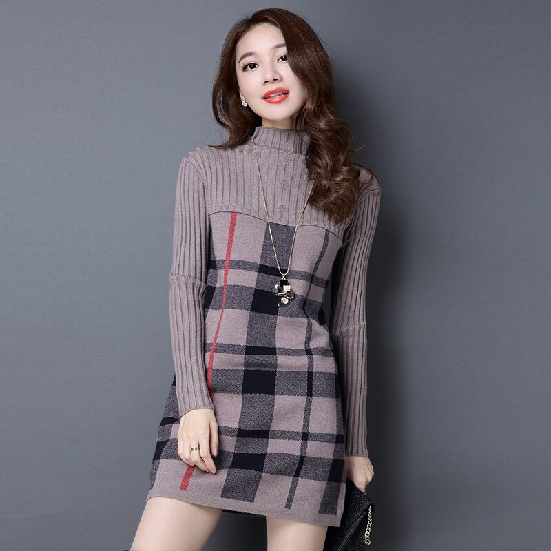 Women Autumn Winter Dress Turtleneck Long Sleeve Plaid Knitted Sweater Dress Female Loose Sweaters Pullovers Dress 315: Gray / S