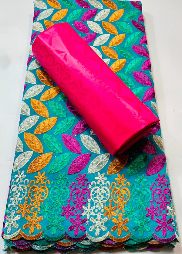 African Guinea Bazin Brocade Damask Fabric for Femme Robe Bazin Riche Brode with Swiss Cotton Lace 2.5+2.5 yards/set YKM022