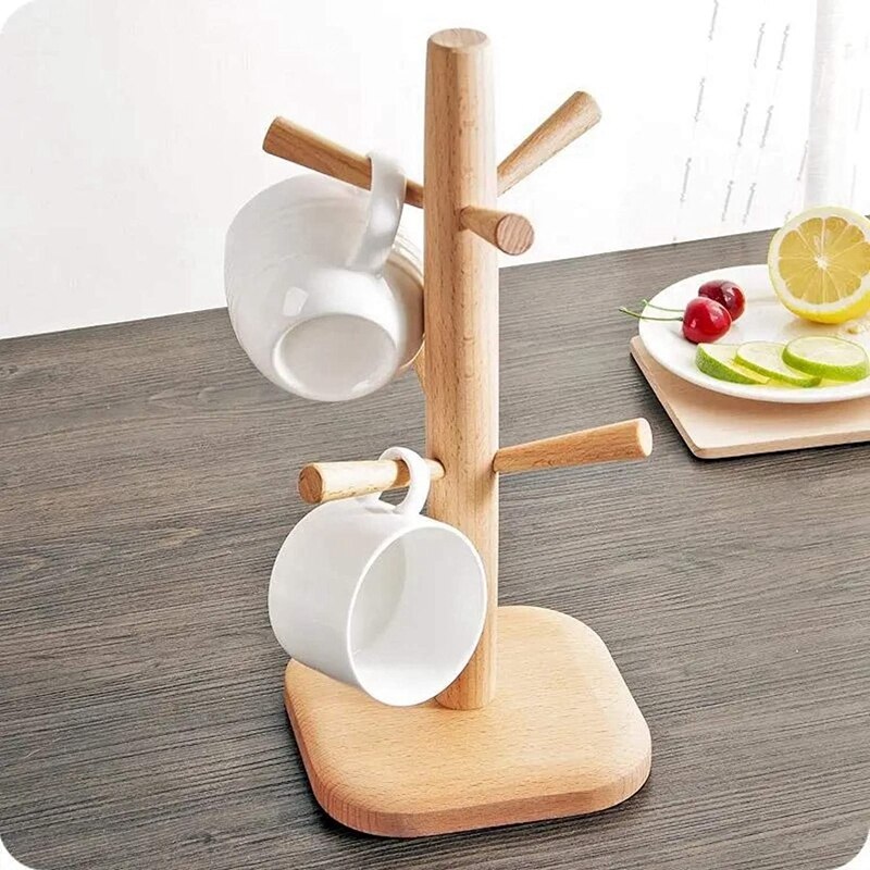 Árbol de madera para tazas, soporte para tazas de café con 6 ganchos, soporte para tazas de café para encimera de cocina, soporte para tazas de té, secador de tazas de café