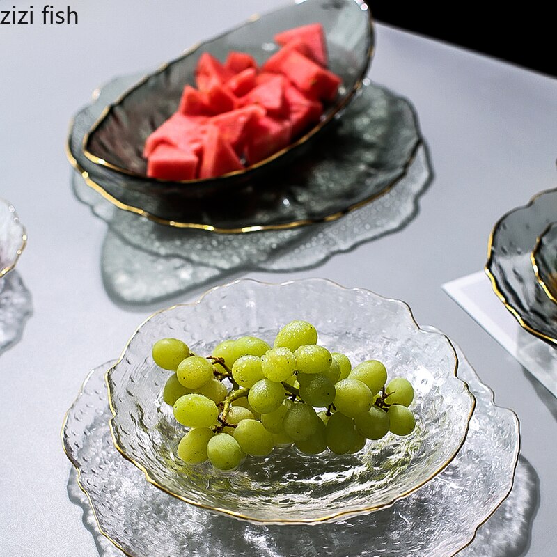 Gray Crystal Glass Fruit Plate Electroplating Golden Border Dessert Dessert Plate Pastry Salad Plate Kitchen Utensils