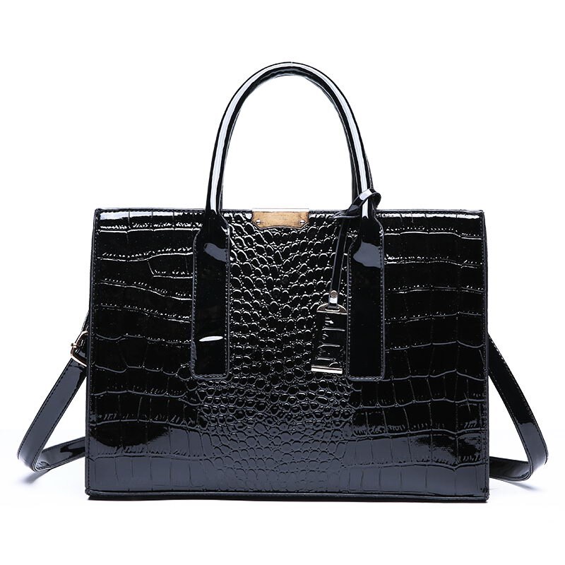 Ansloth Luxury Women's Bag Top-handle Bags Crocodile Pattern Patent Leather Handbags Classic Women Shoulder Bag HPS361: Black