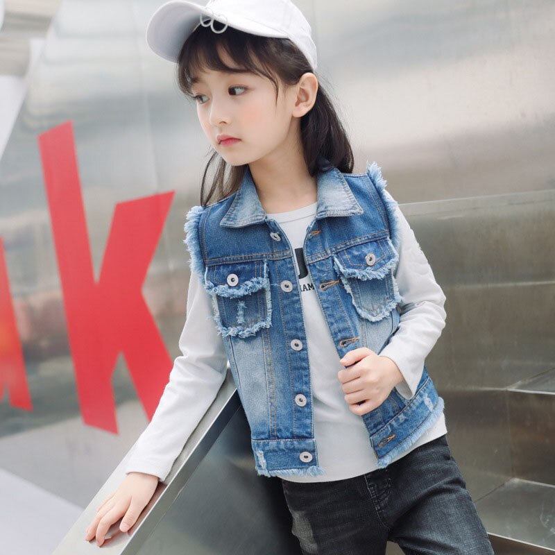 Spring Girls Vests Causal Sleeveless Kids Jacket for Girls Ripped Girls Denim Vests Coat DQ970