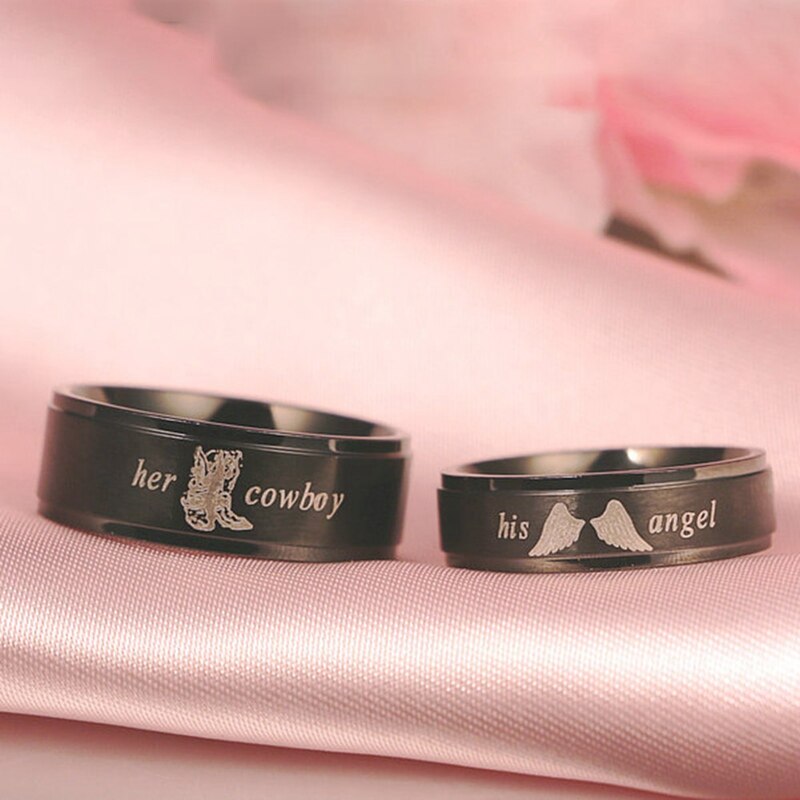 1 st Zijn Angel Haar Cowboy Letters Print Fashipon Liefhebbers Ring Vrouwen Mannen Paar Mode Verlovingsring Sieraden