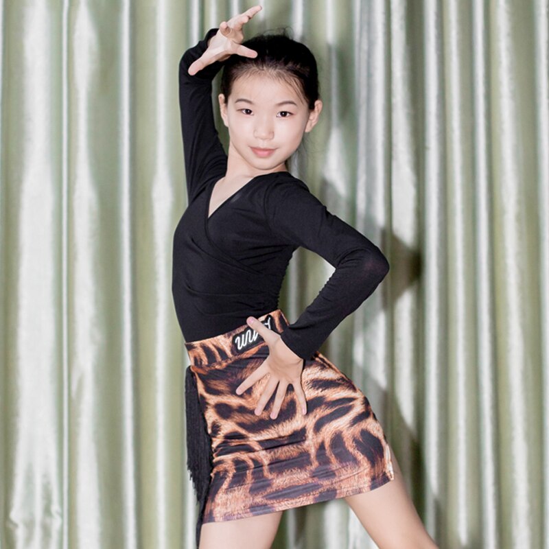 Kids Latin Dance Costumes Girls Samba Dance Dress V-Neck Long Sleeves Tops Leopard Skirt Fringe Suit Practice Wear DNV13957: 170-XXXL