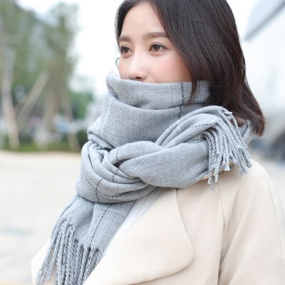 Strikket efterår vinter kvindelig koreansk varmt tørklæde kvinder piger sød kvast tørklæde uld flash tørklæde vildt sjal: Grå