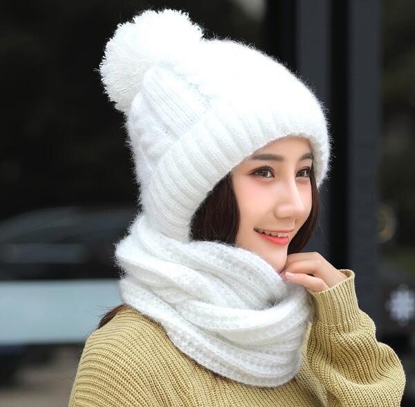 Vrouwen Hoeden Herfst Winter Modemerk Hoeden Sjaal Breien Tweedelige Vrouwen Gorros Casual Cap Sjaal Chapeu Feminino Bonet: white