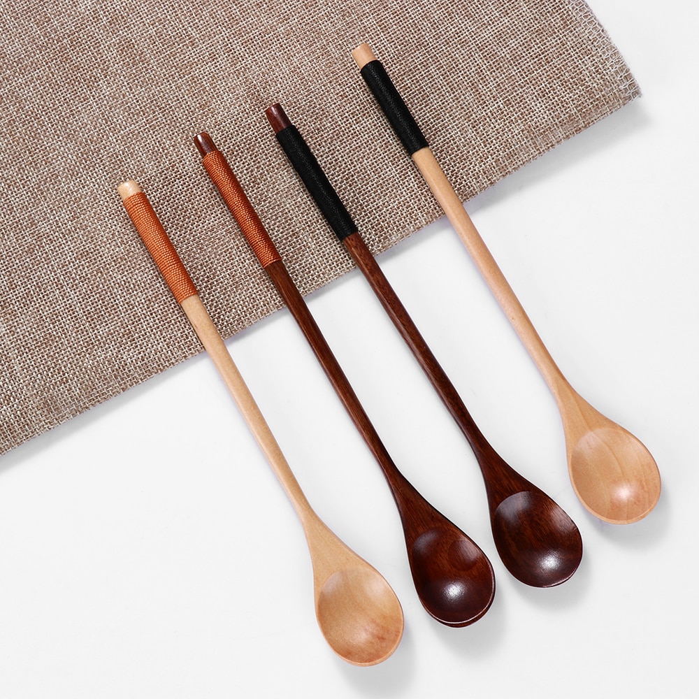 Handgemaakte Houten Lepels Grote Lange Steel Lepel Kids Houten Lepel Rijst Soep Dessert Lepel Koffer Thee Mengen Servies