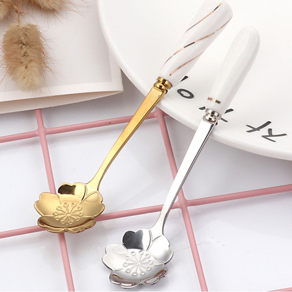 Cherry Blossom Rose Flower Spoon Gold Silk Ceramic Handle Sweet Spoons Gold-plated Coffee Stirring Spoon Tableware