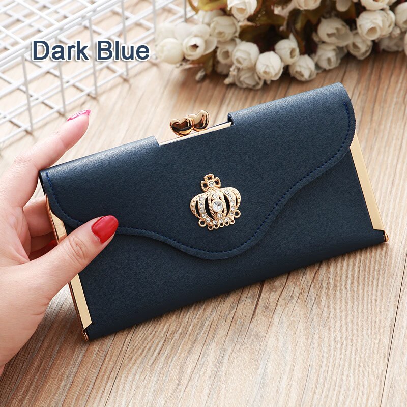 Women Crown Wallets Hasp Lady Purses Girls Moneybags Clutch Woman Handbag Wallet Cards ID Holder Long Purse Bags Billfold Clips: Dark Blue