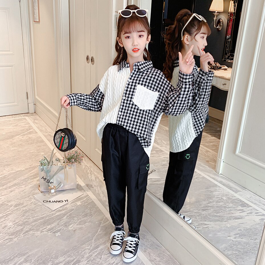 Shirts For Girls Plaid Pattern Blouse For Girl Patchwork Children's Shirts For Girls Spring Autumn Teenage Clothes For Girls