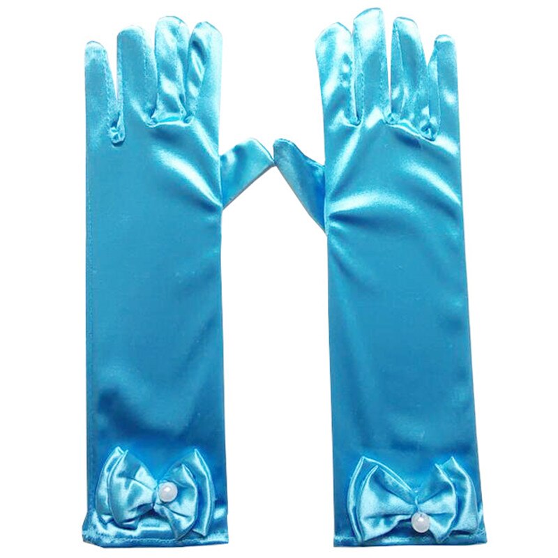 Princesa meninas luvas longas crianças vestido acessórios do bebê luvas de cetim com arco dia das crianças meninas presentes: Blue girl gloves