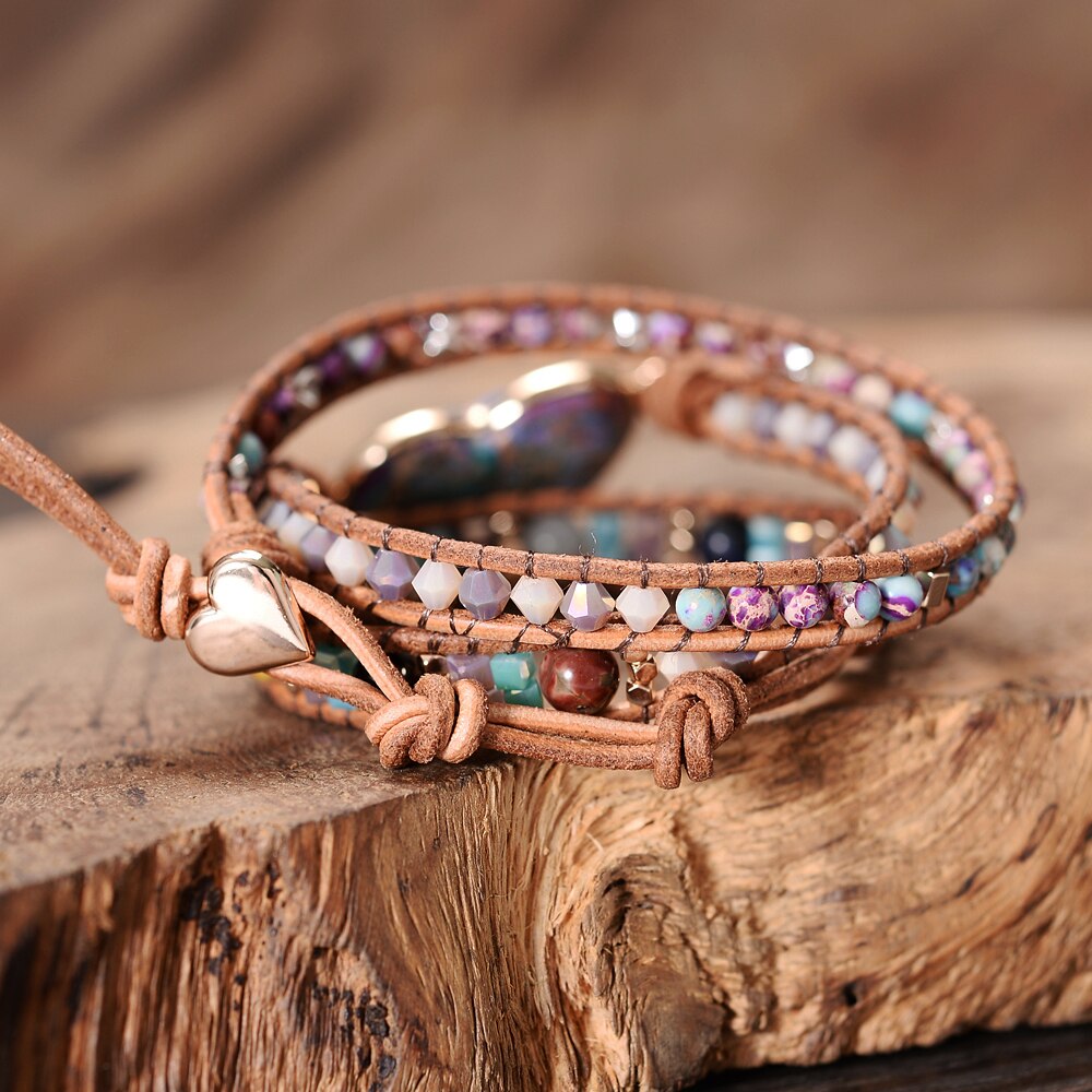 Liefde Hart Regalite Stone Wrap Armbanden Handgemaakte Gevlochten Kralen Triple Lederen Vriendin Bohemian Sieraden