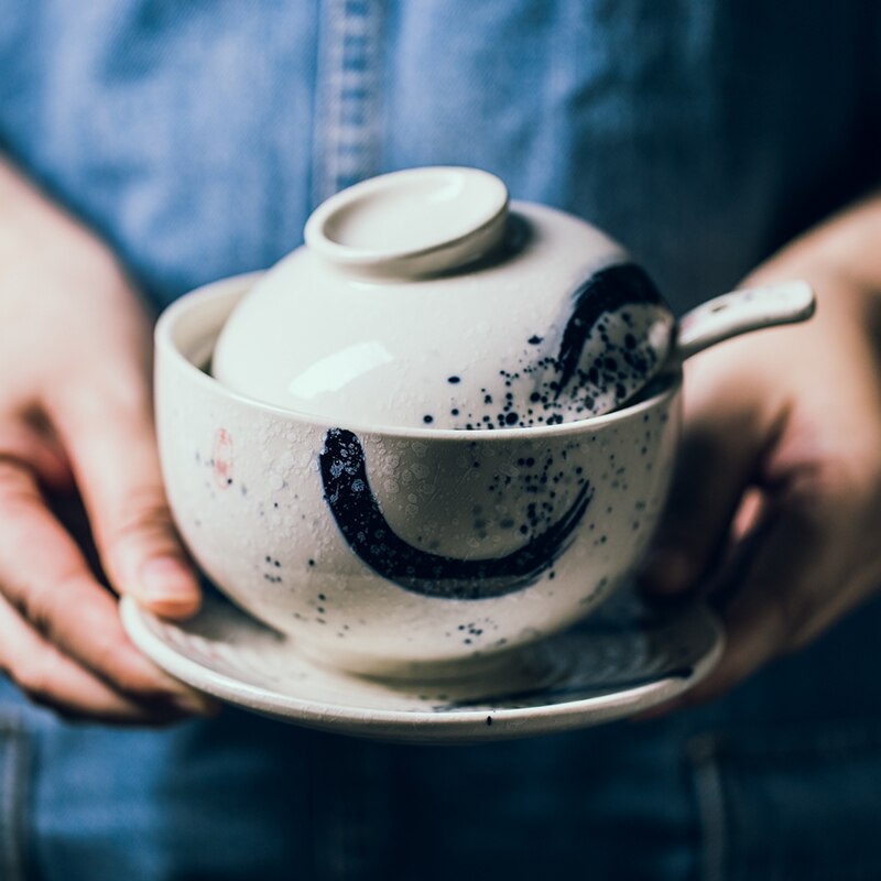 Japanse soepkom aardewerk stoofpot met deksel lepel bodem schotel set eetkamer restaurant mini pot kleine soep dessert cup servies
