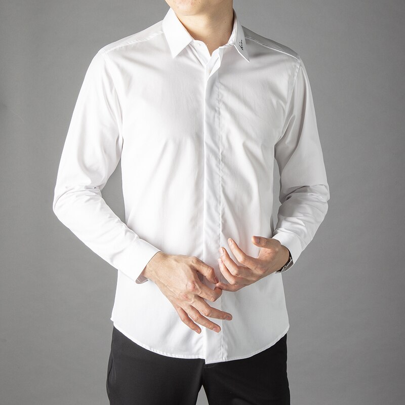 Luksusowa marka koszula męska Solid color Slim Business męskie ubranie koszule eleganckie hafty z długim rękawem koszulka homme Cotton Camisas