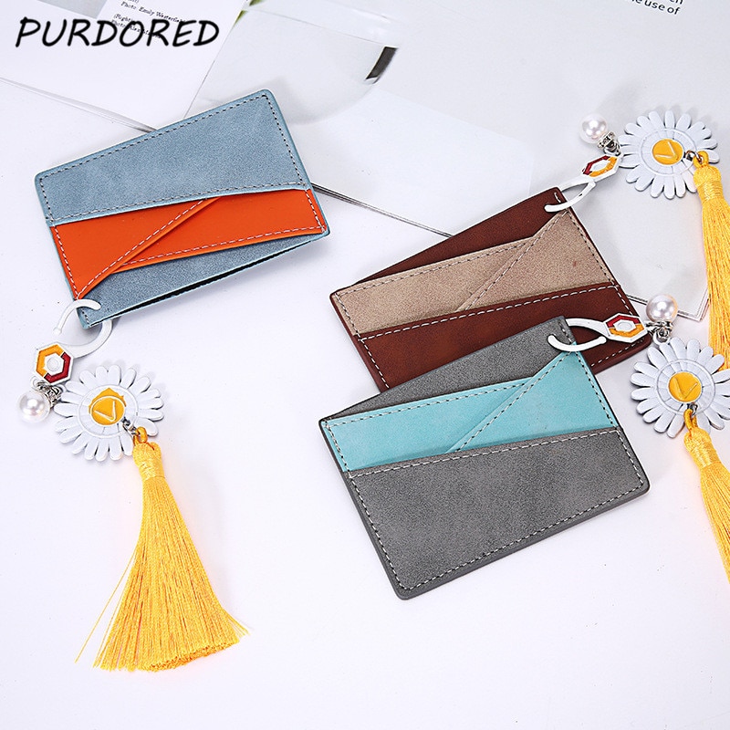 Purdored 1 Pc Slim Kaarthouder Lederen Panelled Kleur Bank Credit Cards Case Kwasten Vrouwen Mini Kaarten Portemonnee Paspoorthoesje