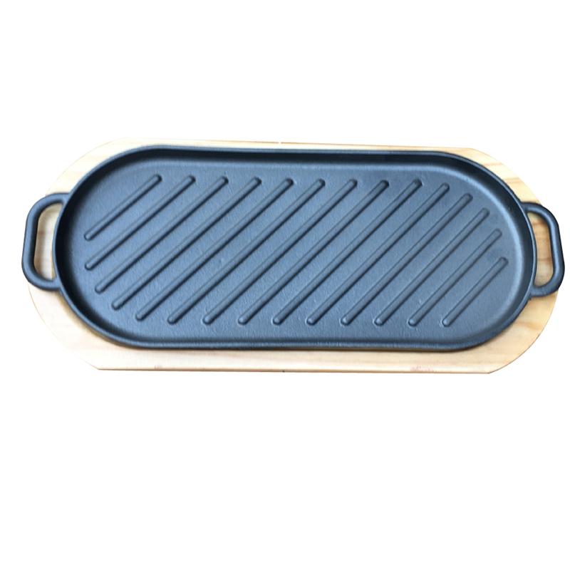 Iron Steak Plate Steak Frying Pan Non-Stick Cooking Grill Pan With Wooden Tray