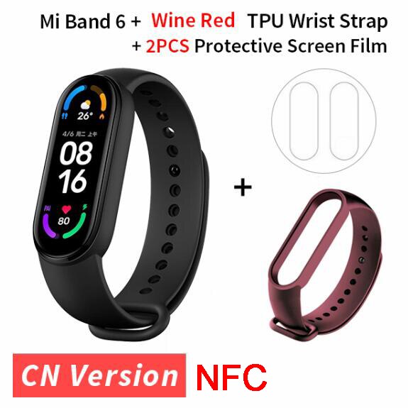 Xiaomi Mi Band 6 NFC inteligentna bransoletka 1.56 &quot;ekran AMOLED 5 kolorów tlen krwi tętno Fitness Tracker wodoodporny Miband6: winered strap film