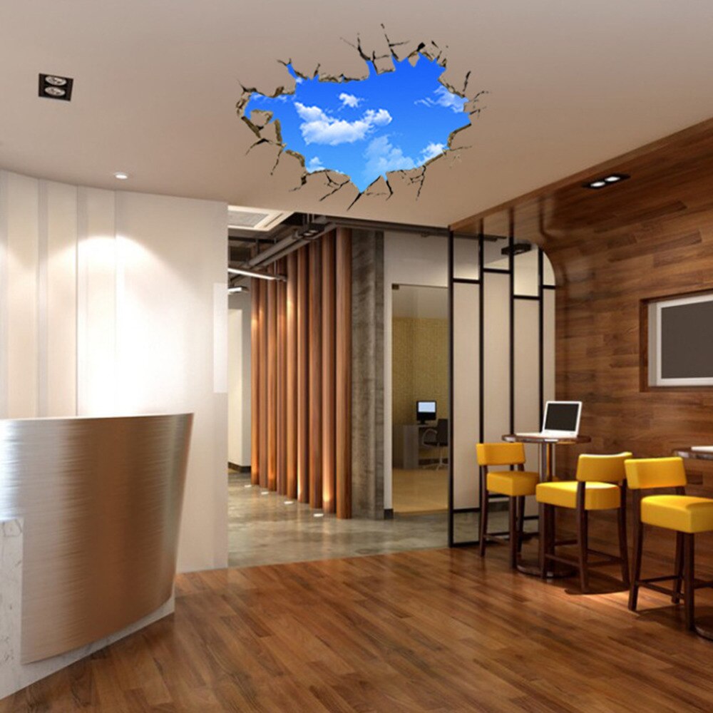 Window Hole Stickers Landscape Blue Sky White Cloud 3D Wall Sticker Home Decal For House Living Room Roof Decals