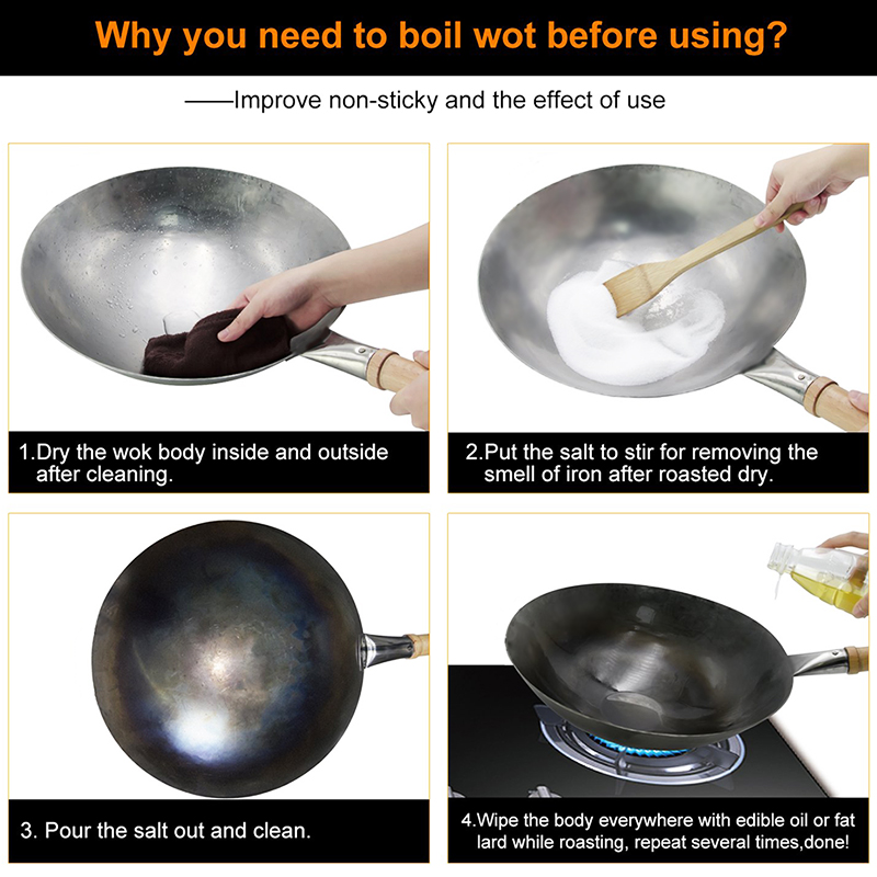 Traditional Handmade 100% Iron Wok Thickening Non Coated Round Bottom Pan Wok Cook Large Cooking Pot Wood Handle Lid