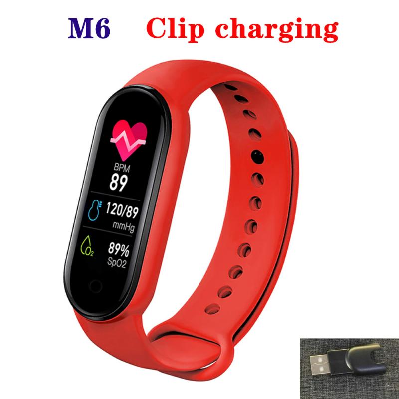 M6 smart sport band bluetooth skridttæller fitness tracker armbånd puls blodtryk smart ur til huawei xiaomi iphone: B04- røde  m6