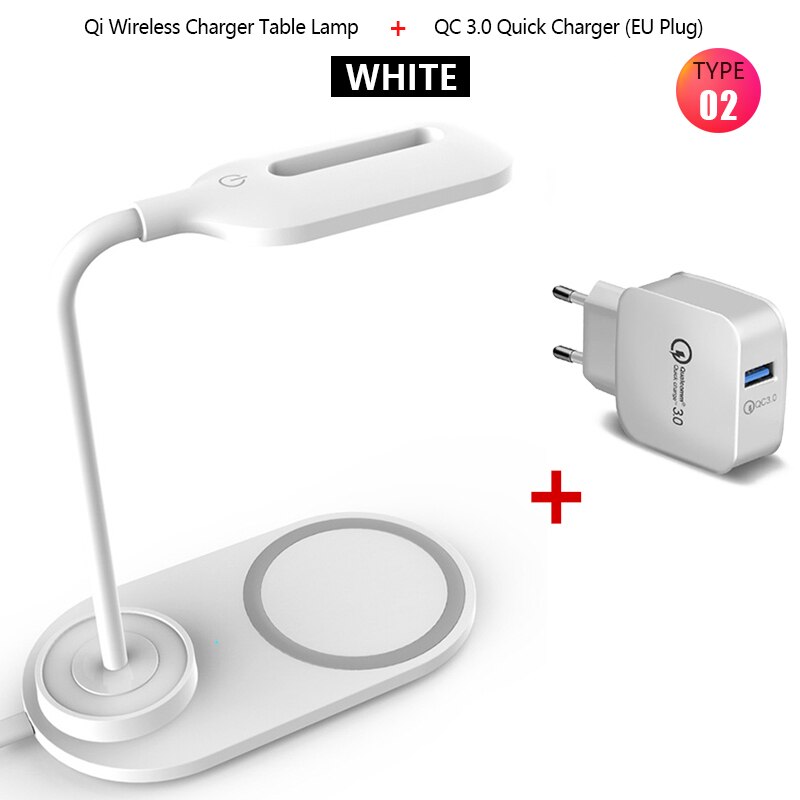 Desk Talbe Lamp Draadloze Opladen 10W Voor Samsung S20 S9 S8 Note 10 + Iphone 11 X Xr Pro max Smartphone Usb Draadloze Laders Pad: Type 2 White QC3.0