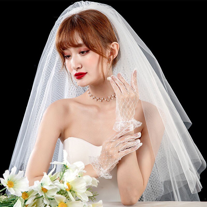 Ranmo Bruid Jurk Handschoenen Kant Korte Paragraaf Zwart Wit Wanten Charmante Dame Vrouwen Handschoen Met Vingers Bruiloft Accessoires