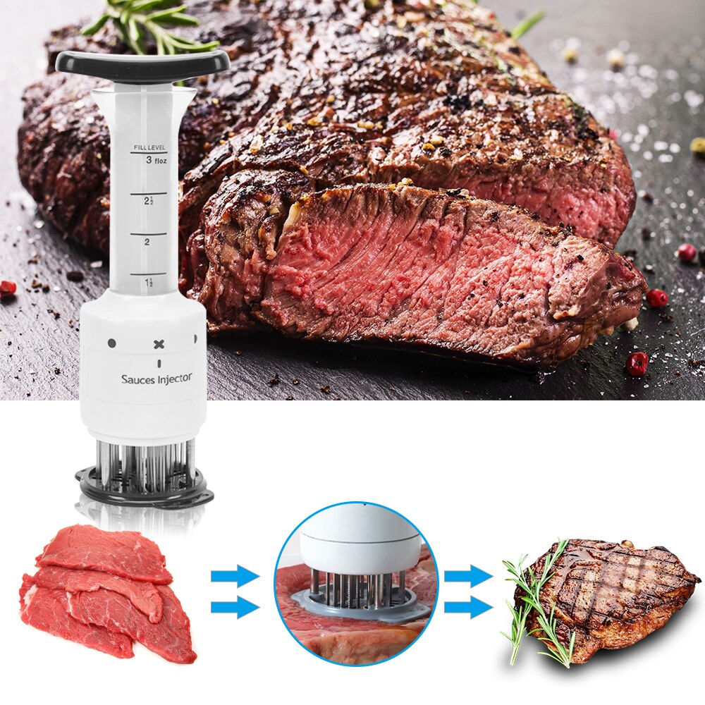 Inyector de sabores 2 en 1 ablandador de carne de acero inoxidable, juego de jeringa para especias, inyector de sabores para barbacoa, accesorios de marinado para salsa de cocina