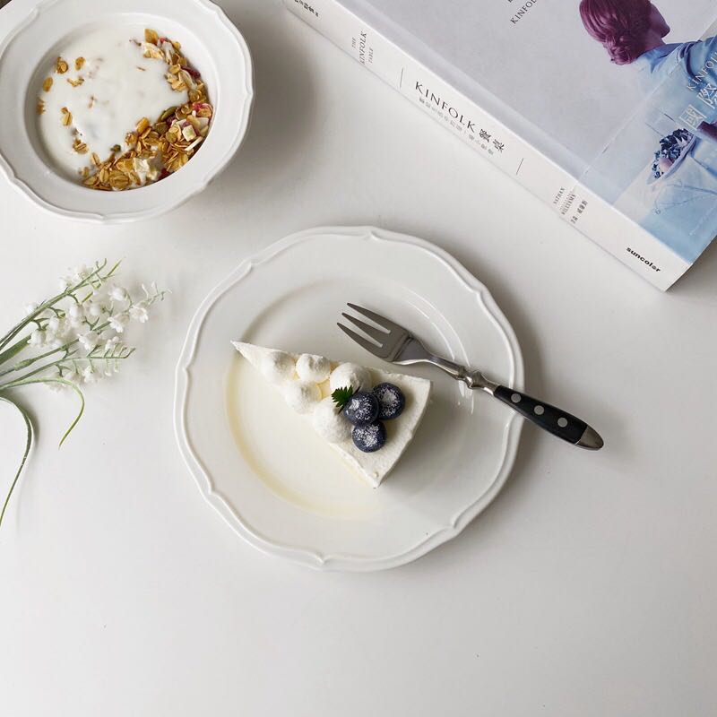 Pure White French Retro Lace Embossed Dinner Plate Simple Ceramic Disc Salad Cereal Breakfast Soup Bowl Kitchen Cheese