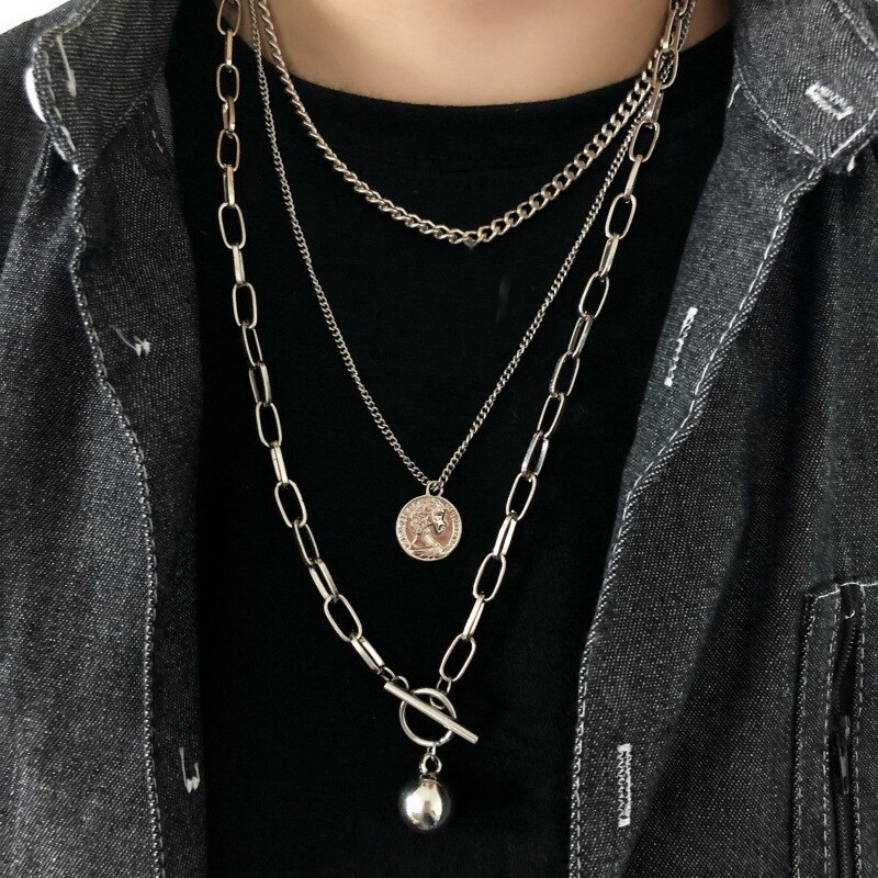 Hip Pop Punk Multi Gelaagde Lock Hanger Ketting Voor Vrouwen Mannen Zilveren Kleur Kruis Hanger Charms Ketting Lange Kettingen Sieraden