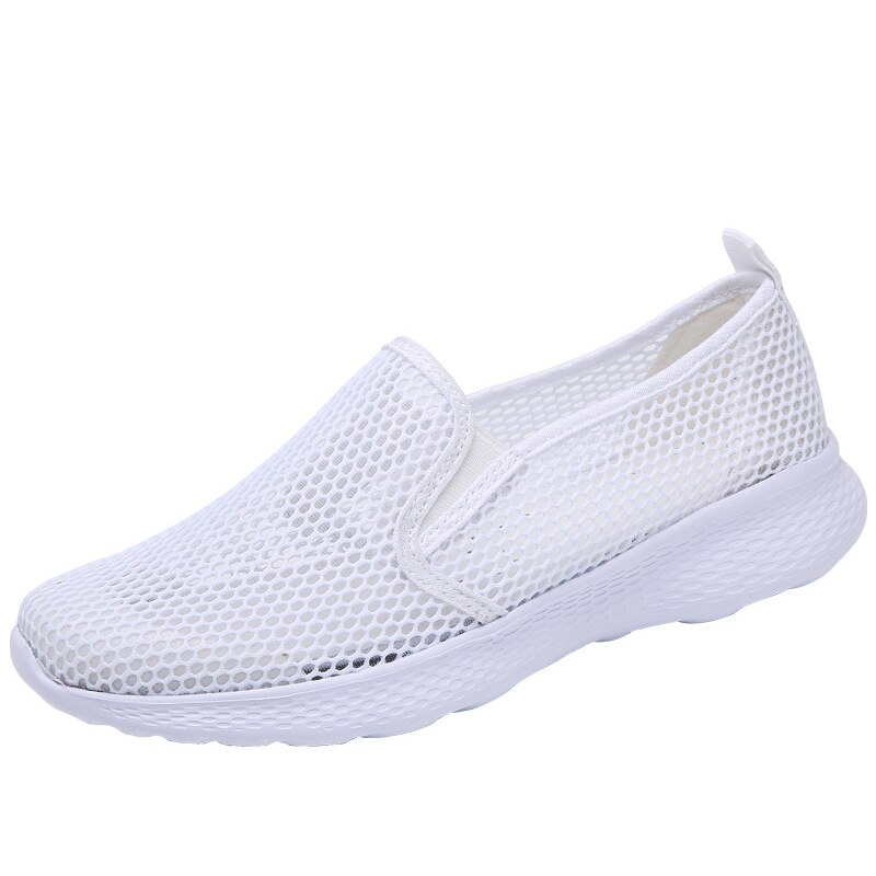 Sommer mesh joggesko kvinner pustende utendørs tursko dame slip on elastisk bånd avslappet komfort leiligheter kvinne zapatilla: Hvit / 9.5