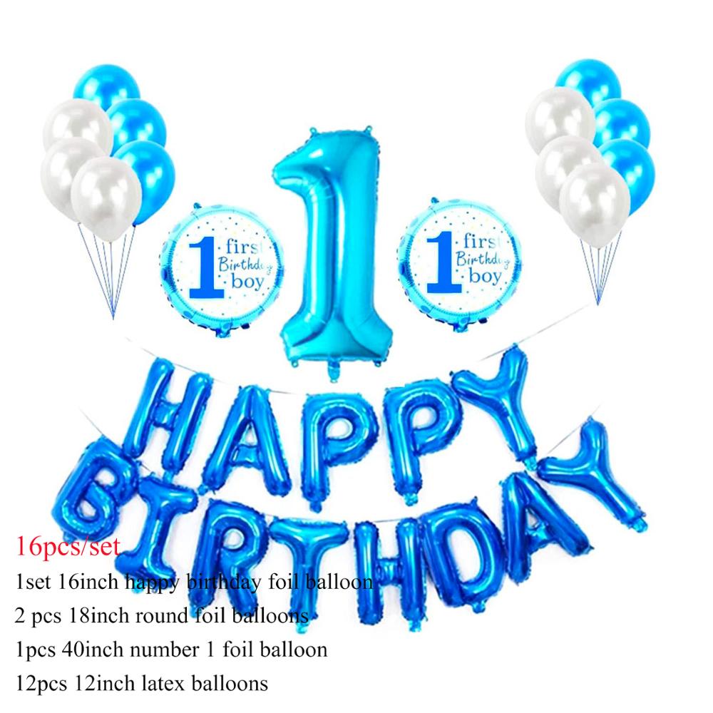 Rose Gold 1st Birthday Balloons Latex Confetti Balloons Number 1 Foil Ballons Baby Boy Girl First One Birthday Party Decorations: 16pcs blue set
