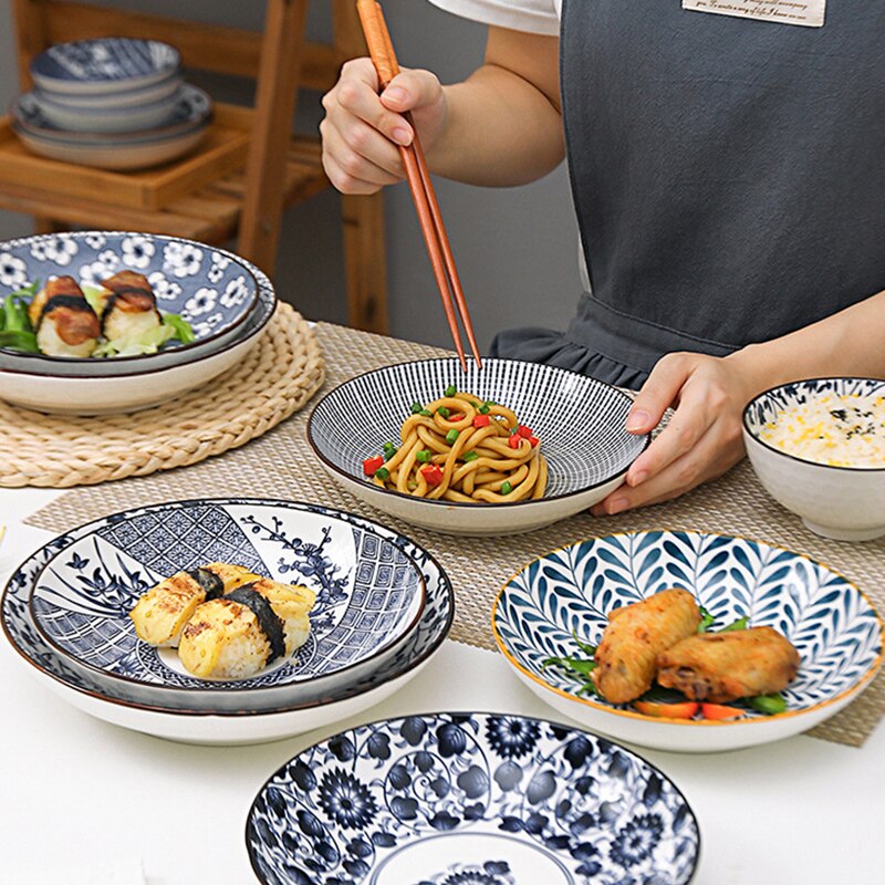 Vajilla de estilo chino con blanco y azul para pintar a mano de 8 pulgadas, platos de cerámica para fruta, ensalada, sopa