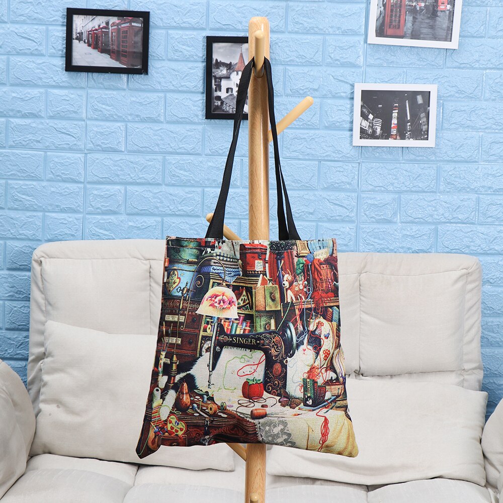 Women Printed Shopping Bag Casual Single Shoulder Bag Waterproof Cartoon Large Linen Cat Oil Shopper Tote Handbag