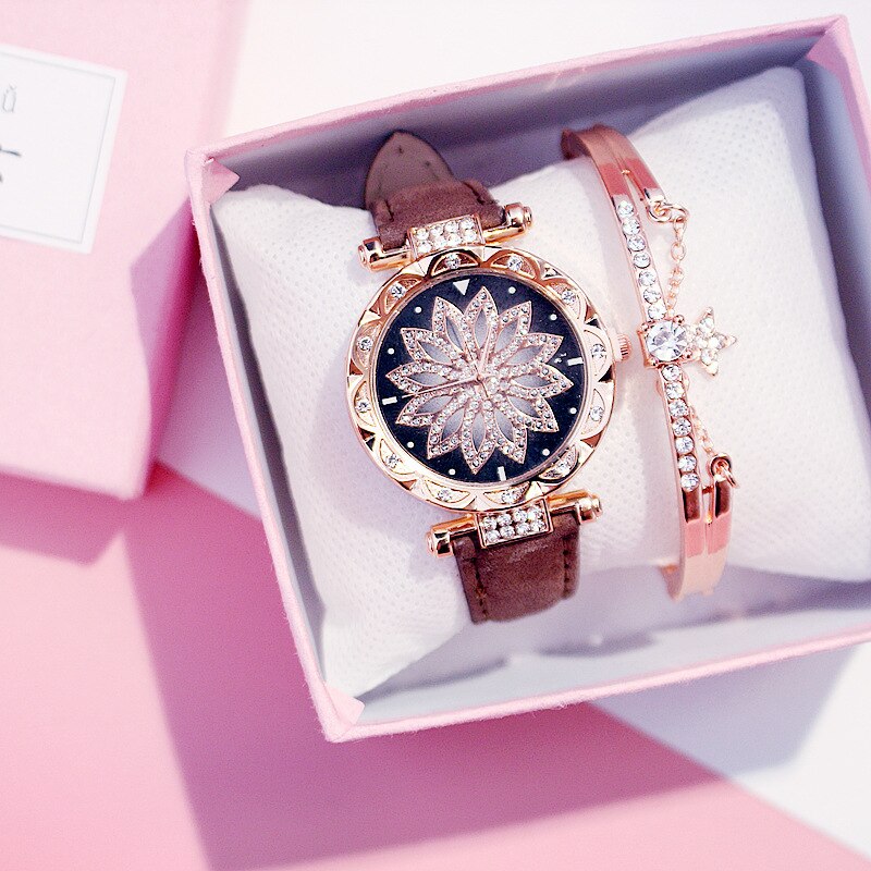 Women Watches Set Starry Sky Ladies Bracelet Watch Casual Leather Sports Quartz Wristwatch Clock Relogio Feminino: Brown With Bracelet