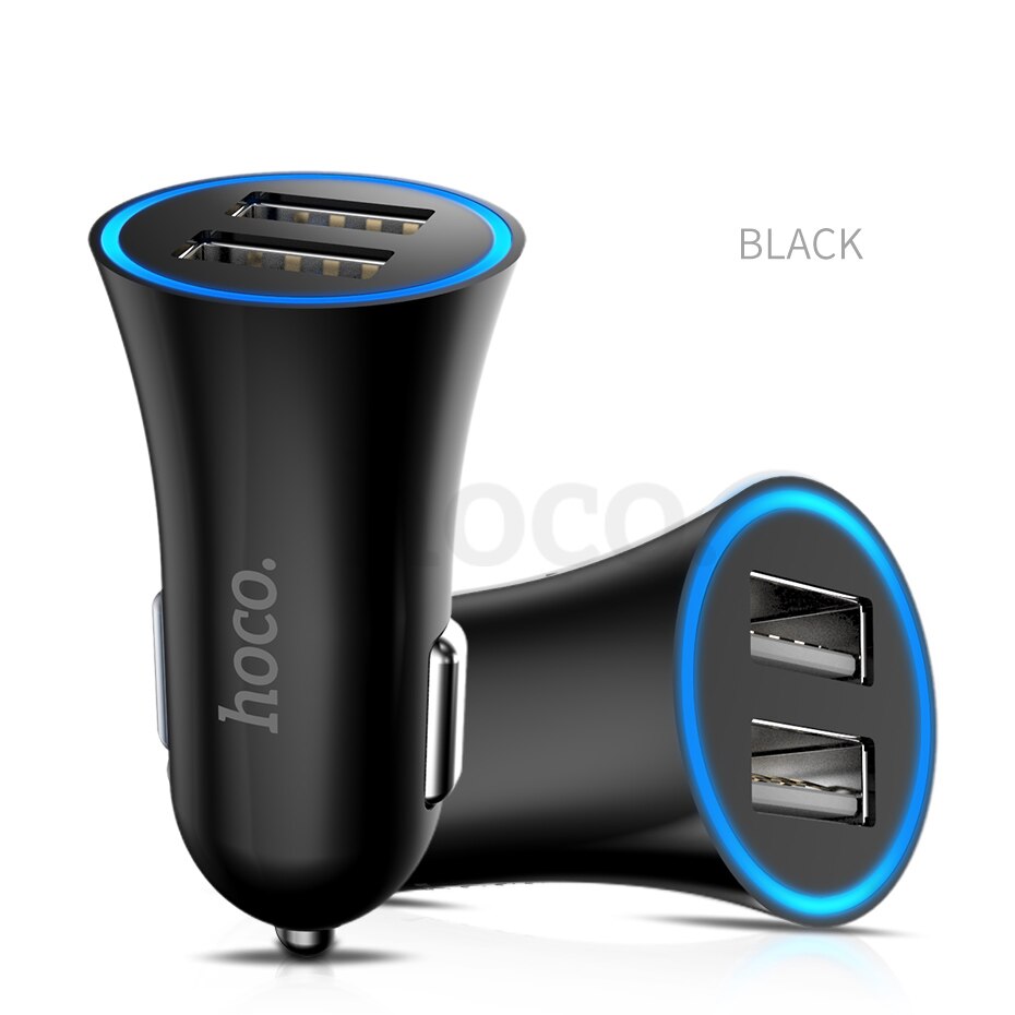 HOCO Car Charger Dual USB Port for iPhone iPad Samsung Xiaomi Phone Charging Adapter 2.4A Car-charger Universal Double Slot: black