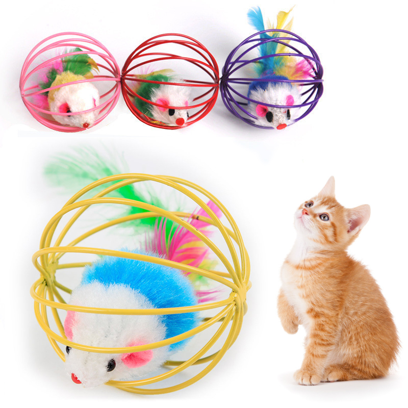 Jouets pour animaux de compagnie mignons, Cage de souris, jouet , Cage en fil de fer, jouet de chat en fourrure, 1 pièce/5 pièces/10 pièces, jouets interactifs pour chats de couleur aléatoire