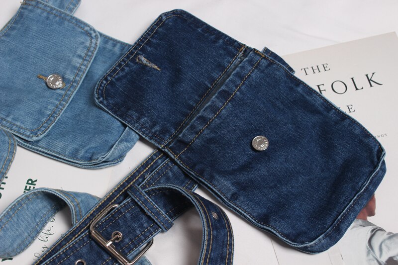 Pochete feminina estilo europeu, chique, jeans, fivela, pino, cintura, cinto para telefone, vintage, jeans, tecido, pochete