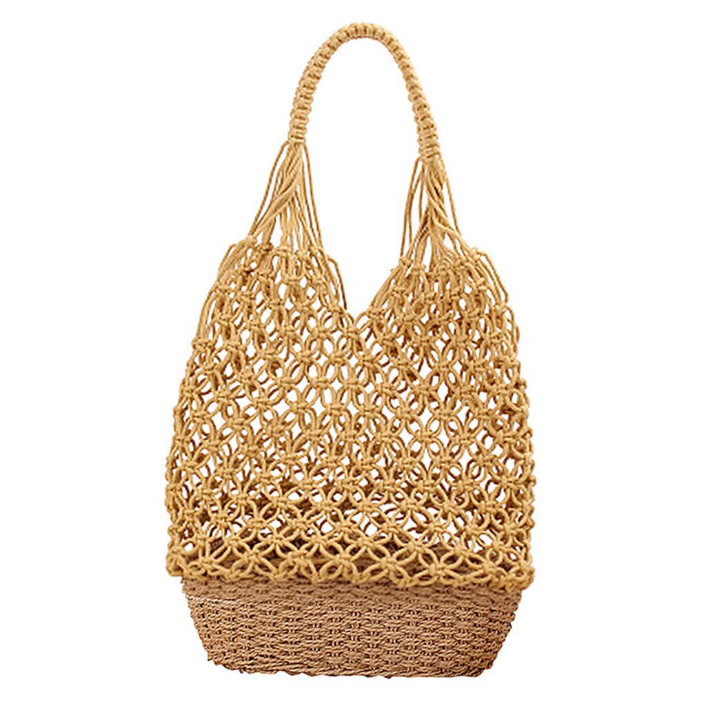 Bolso de hombro de paja hecho a mano bohemio para mujer, bolsa tejida hueca para playa, de verano: Yellow