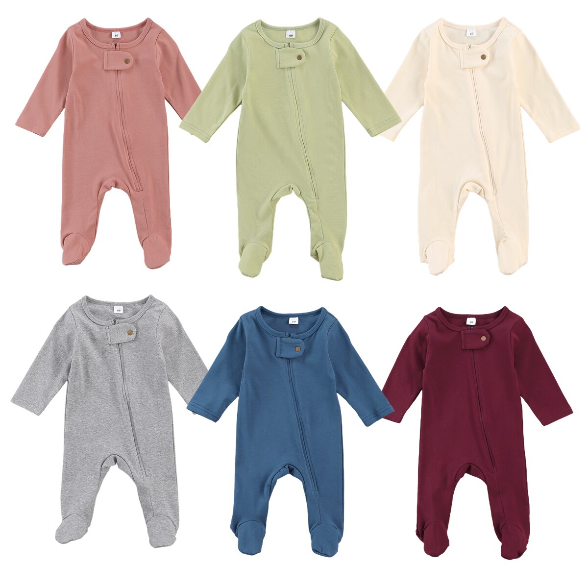 Focusnorm Pasgeboren Baby Meisjes Jongens Footies Rompertjes 6 Kleuren Solid Lange Mouwen Rits Herfst Winter Jumpsuits