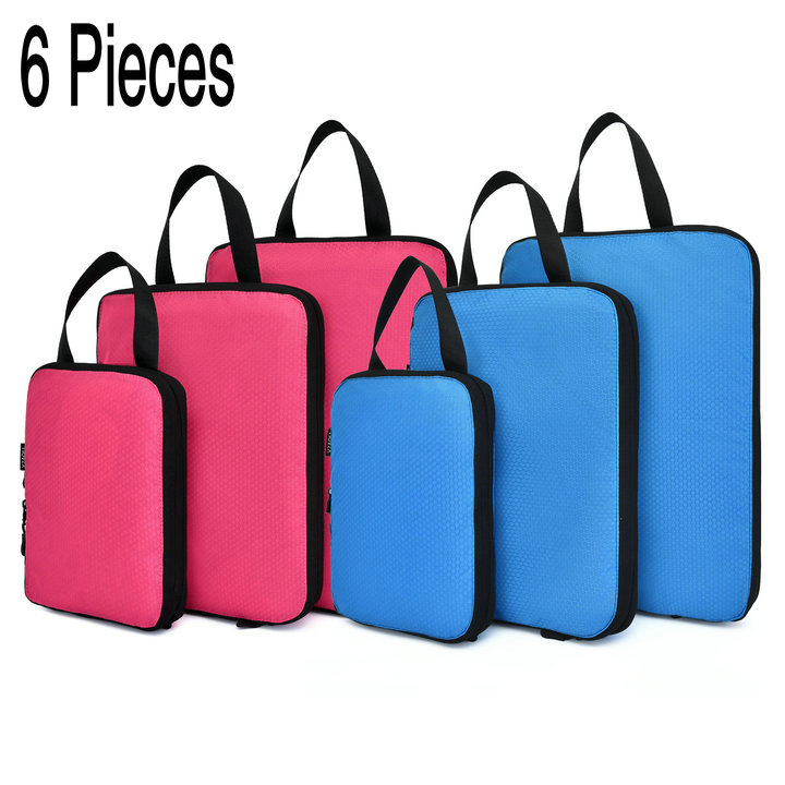 Travel Bag Compression Travel Storage Bag Clothes Tidy Organizer Suitcase Pouch 3/6 Pieces Case Shoes Packing Cube luggage bag: 6pcs Rose and Blue