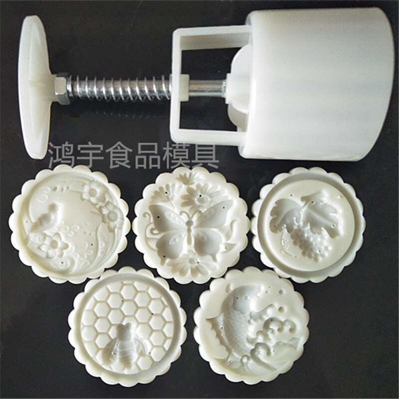 Handpers Chinese Cookie Cake Moulds 50G Plastic Maan Cakevorm Set Met 5 Wit Postzegels Vogel Vis Vlinder honeybee Patroon