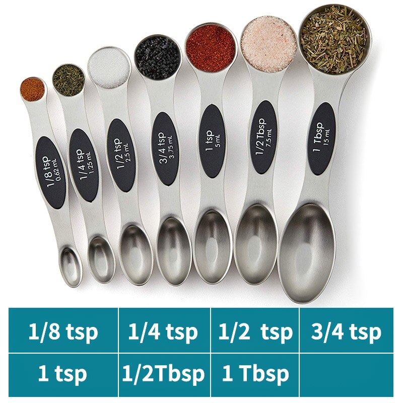 Magnetiske måleske  of 8,  rustfrit stål, dobbeltsidet, til måling af tørre og flydende ingredienser, køkkenudstyr: Sæt  of 7 sort